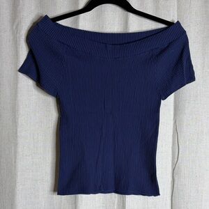 Elegant Off-Shoulder Navy Ribbed Top